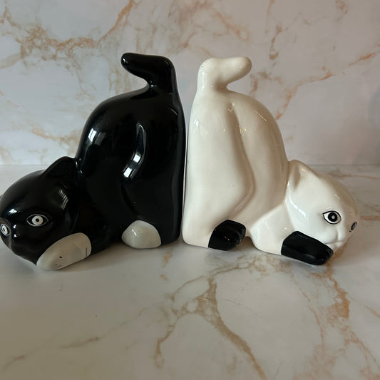 Vintage boekensteunen katten – yin & yang – zwart/wit keramie